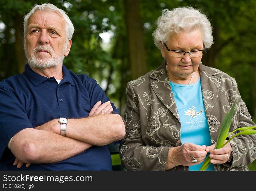 Outside portrait of an elderly couple on a bench. Outside portrait of an elderly couple on a bench