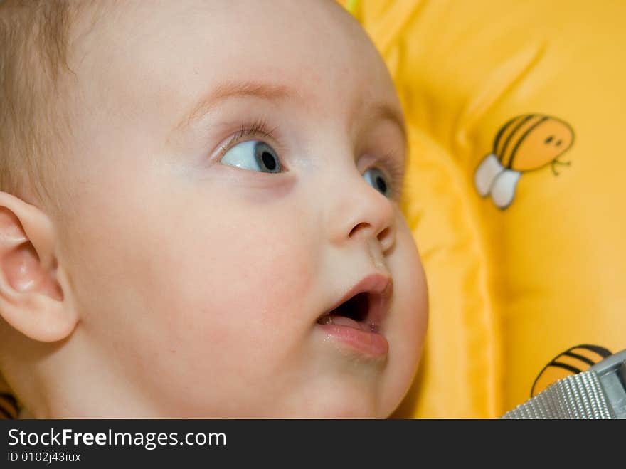 Little baby girl, sitting in a chair, looking with great interest. Little baby girl, sitting in a chair, looking with great interest