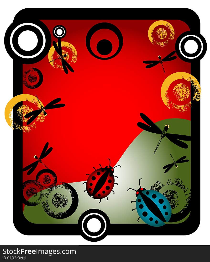 Abstract colored illustration with circles, dragonflies and ladybirds