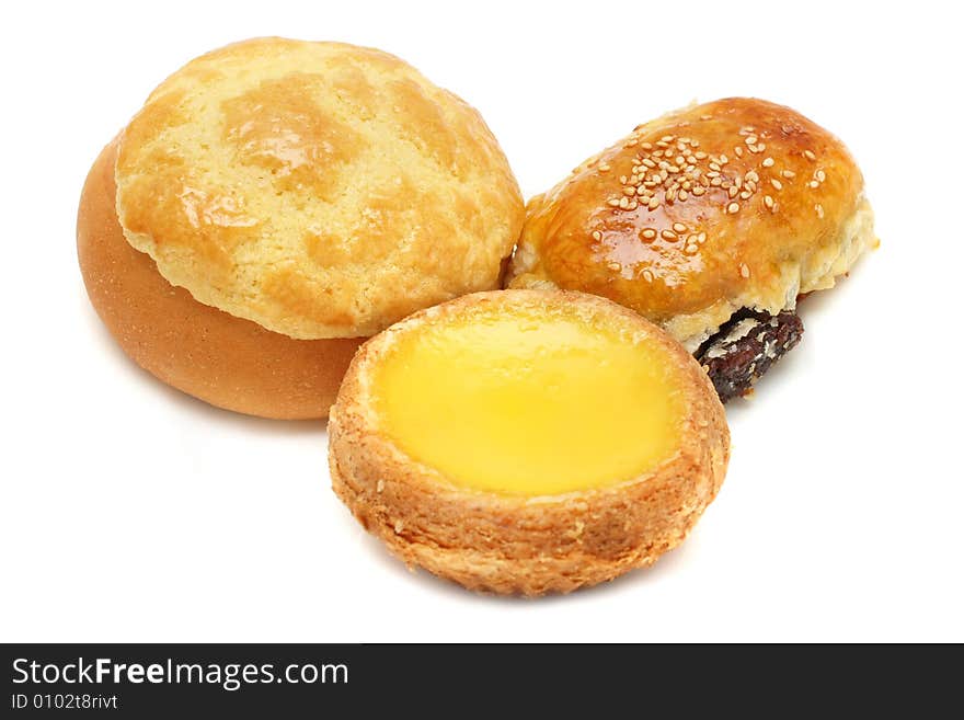 Pineapple bun, egg tart and BBQ bun isolated on white background. Pineapple bun, egg tart and BBQ bun isolated on white background.