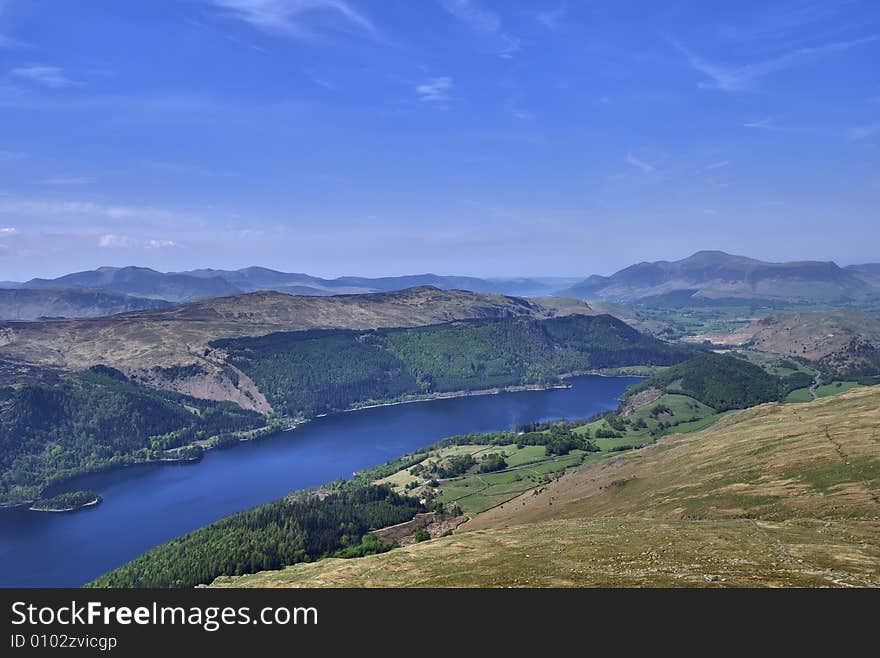 An aerial view of the Northern end of Thirlmere in the English Lake District from the flanks of Helvellyn