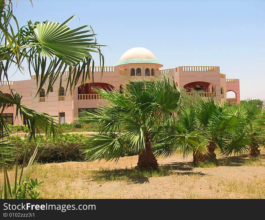 Tropical luxury hotel building near palm trees