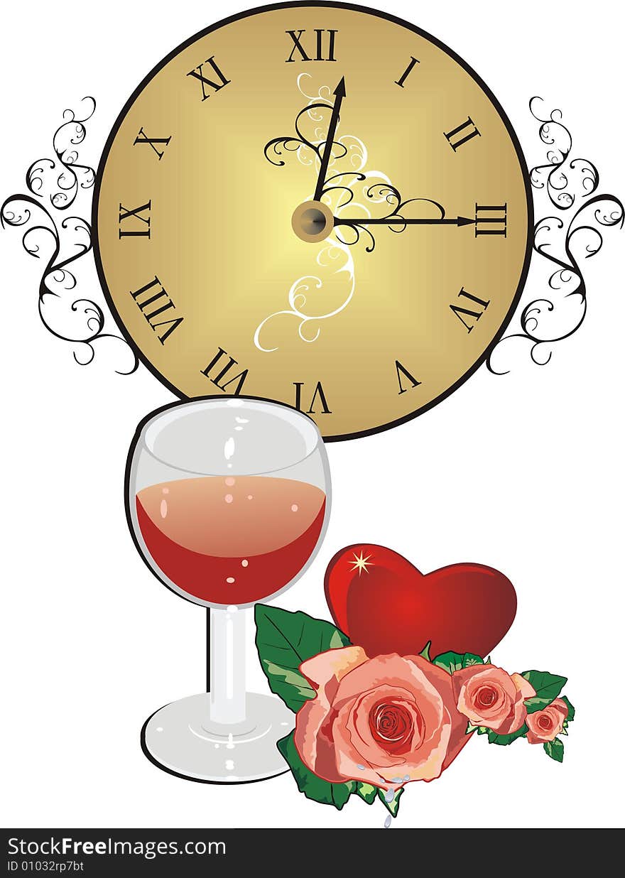 Clock, roses, heart and glass of wine. Romantic composition. Vector illustration