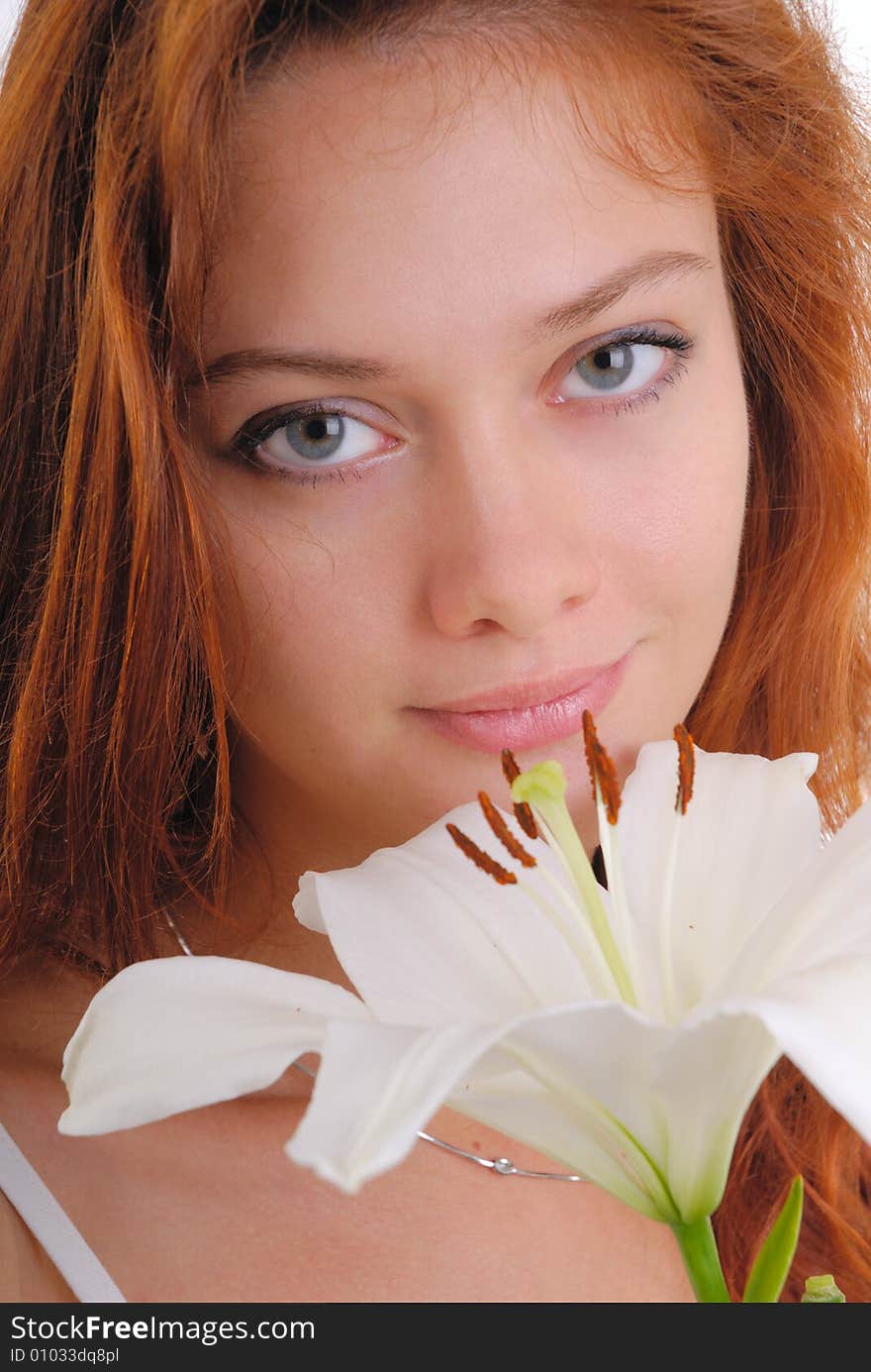 Portrait of a beautiful sexy woman  with madonna lily,. Portrait of a beautiful sexy woman  with madonna lily,