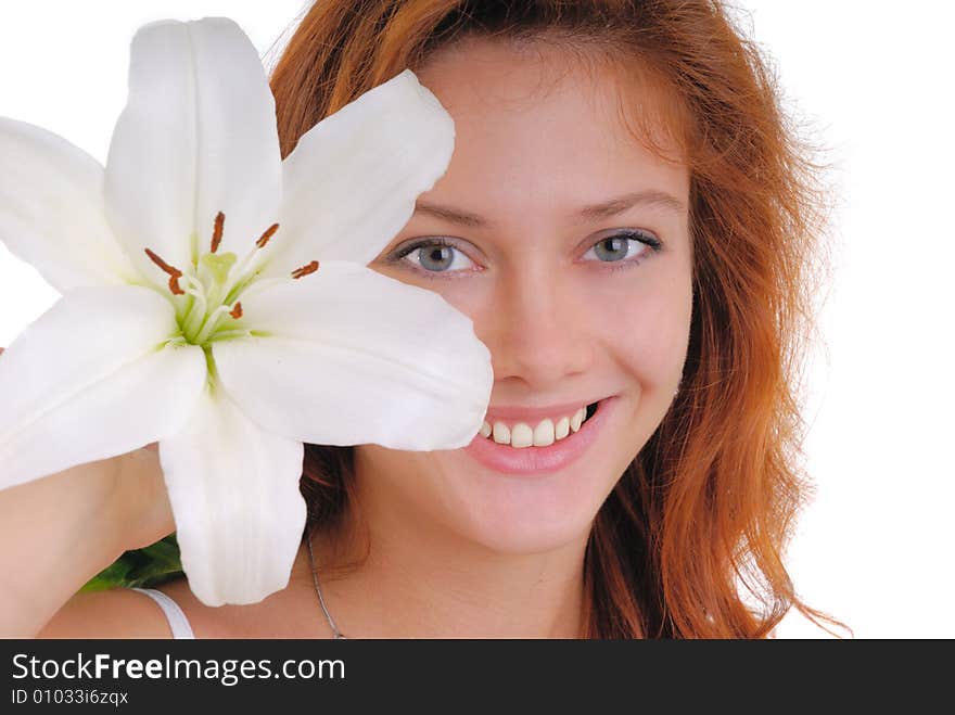 Portrait of a beautiful sexy woman  with madonna lily,. Portrait of a beautiful sexy woman  with madonna lily,