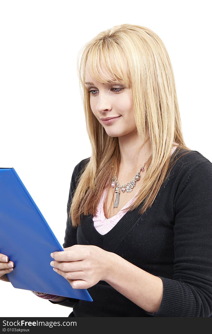 Beautiful blonde woman holding her clipboard