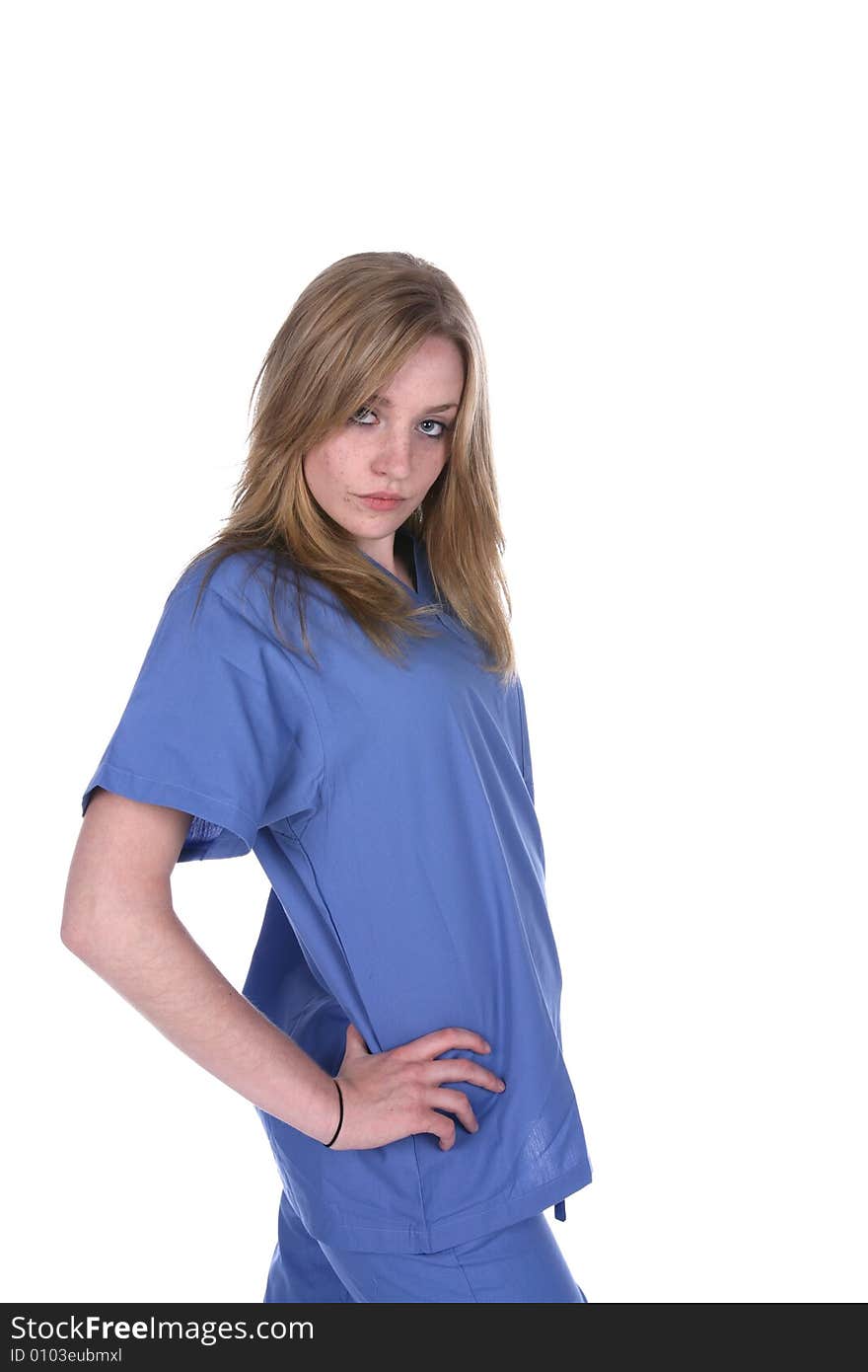 Pretty woman in blue scrubs