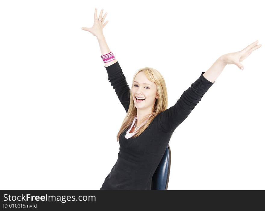 Beautiful blonde businesswoman sitting on a office chair with her hand in the air. Isolated on white background. Beautiful blonde businesswoman sitting on a office chair with her hand in the air. Isolated on white background