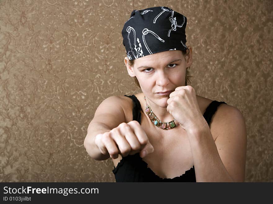 Pretty Boxing Woman Wearing a Bandana