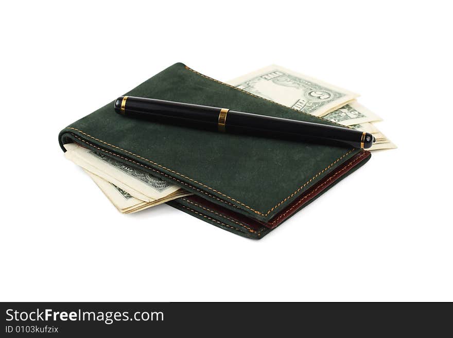 Wallet, banknotes and pen isolated on white background