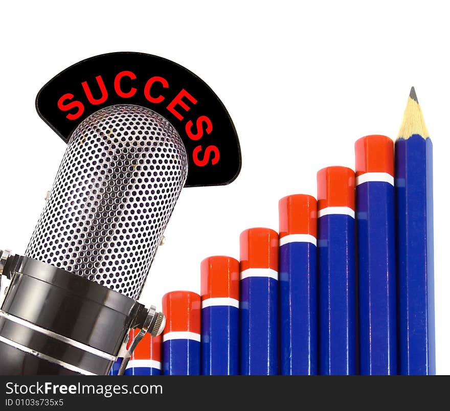 Success message on vintage microphone with graph of pencils in background. This image conveys the concept of financial success in business.