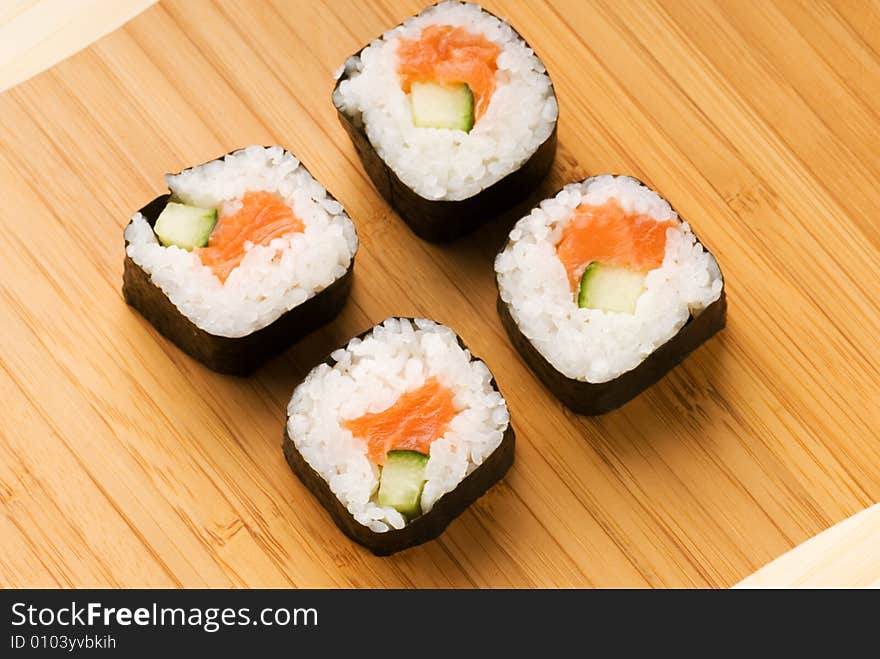 Sushi on bamboo plate