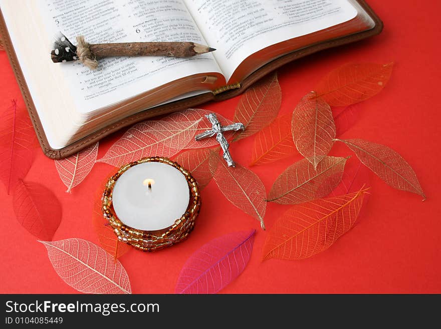 Leather bound bible opened at a piece of scripture