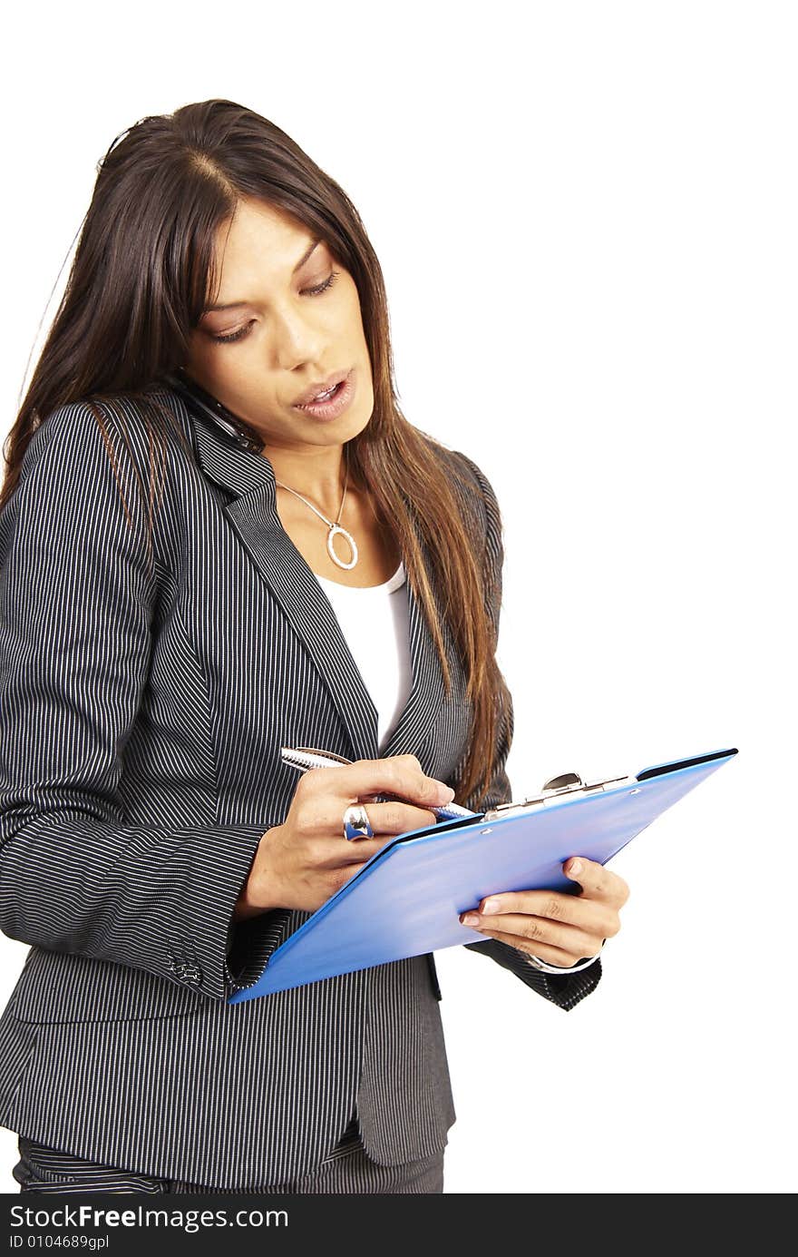 Beautiful Brunette Woman Holding A Clipboard