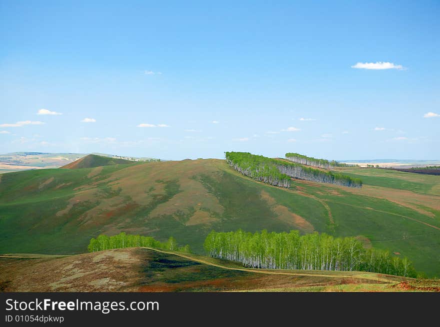 Green field under blue sky with clouds