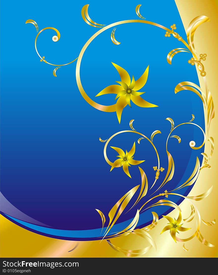 Floral ornament on turn blue golden background