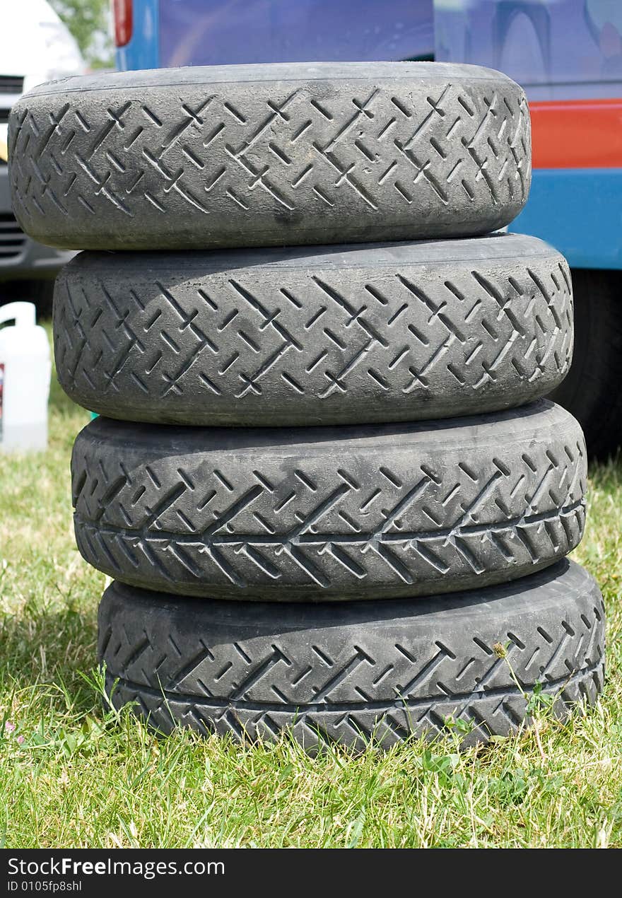 Wheels of the rally car, colored photo