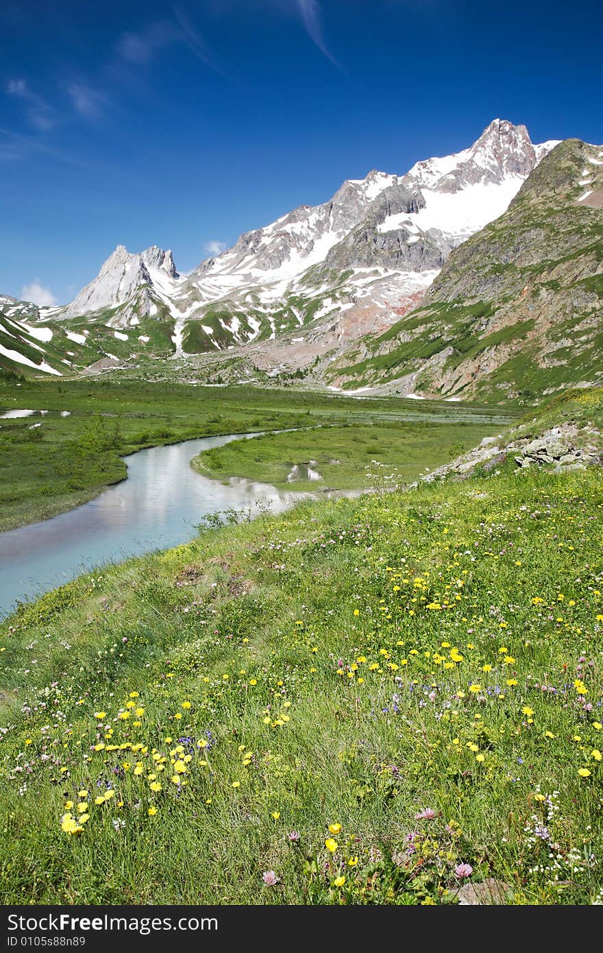 Mountain scenic: Lac Combal, Val Veny, Courmayeur, Italy. Mountain scenic: Lac Combal, Val Veny, Courmayeur, Italy