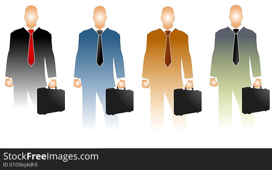 An illustration featuring your choice of 4 businessman semi-silhouettes in simple colours and holding briefcases. An illustration featuring your choice of 4 businessman semi-silhouettes in simple colours and holding briefcases