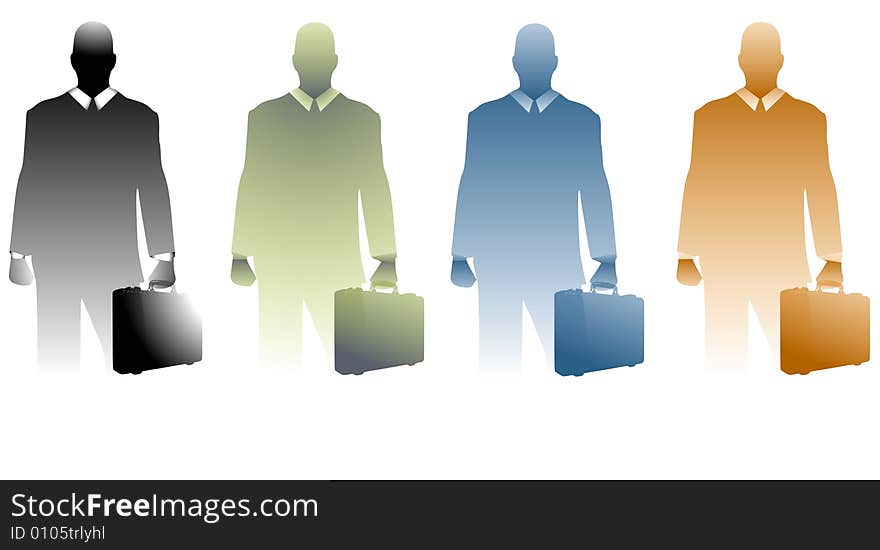 An illustration featuring your choice of 4 businessman semi-silhouettes in simple colours and holding briefcases. An illustration featuring your choice of 4 businessman semi-silhouettes in simple colours and holding briefcases