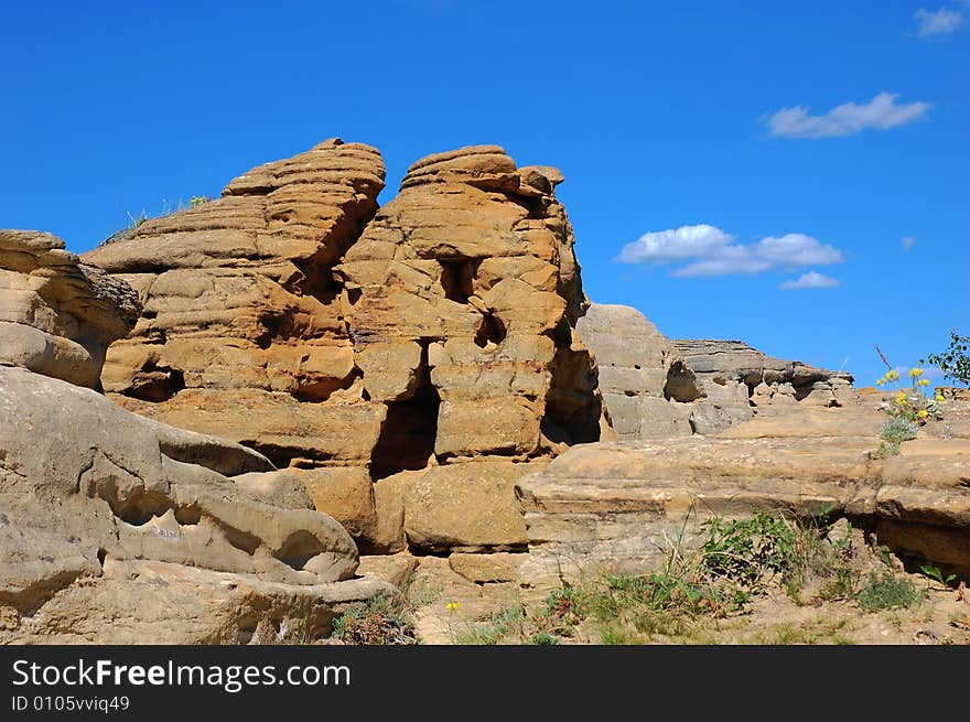 Hoodoos and sandstones in writing-on-stone provincial park, alberta, canada