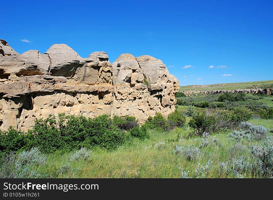 Hoodoos and sandstones in writing-on-stone provincial park, alberta, canada