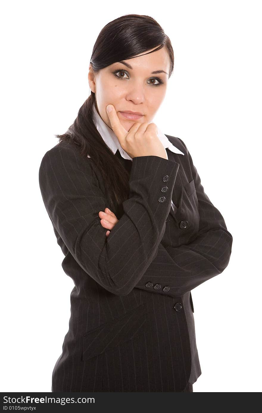 Attractive brunette businesswoman on white background