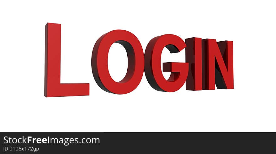 3D render of reflective red text on a white background, login. 3D render of reflective red text on a white background, login