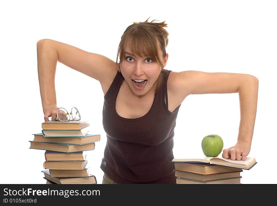 young woman and pile of books