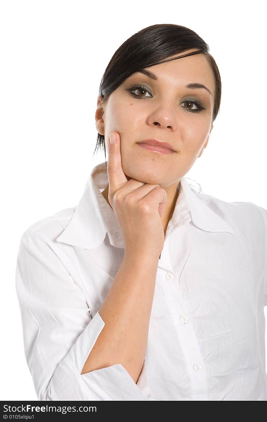 Attractive brunette businesswoman on white background