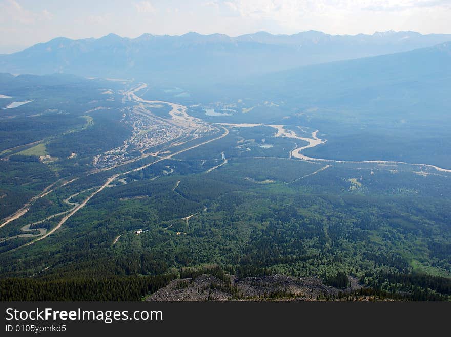 Bird view of Jasper Town from Mountain Whistler Jasper National Park Alberta Canada