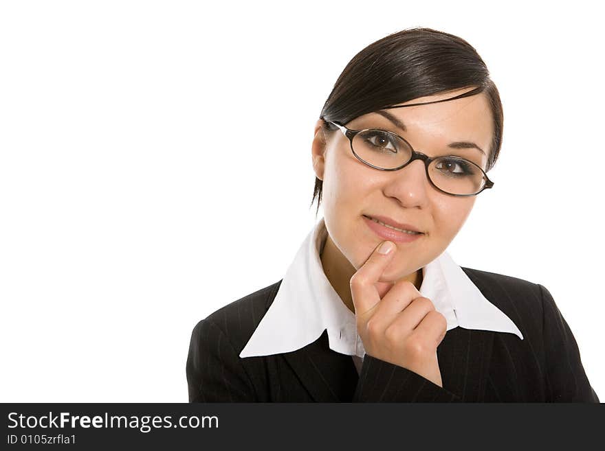 Attractive brunette businesswoman on white background