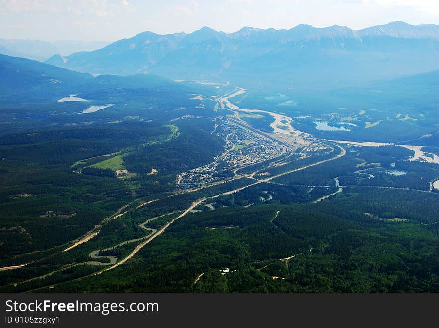 Bird view of Jasper Town from Mountain Whistler Jasper National Park Alberta Canada