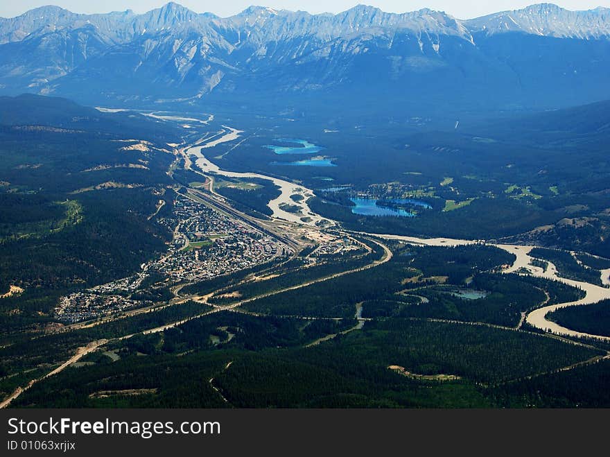 Bird view of Jasper Town from Mountain Whistler Jasper National Park Alberta Canada