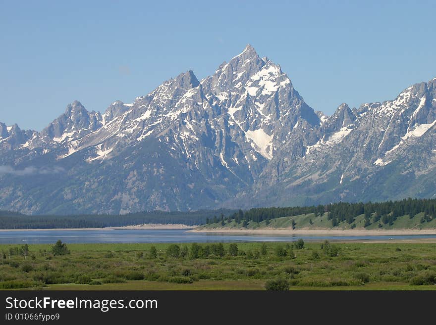 A panaromic view of the Grand Teton Mountains in Grand Teton National Park.