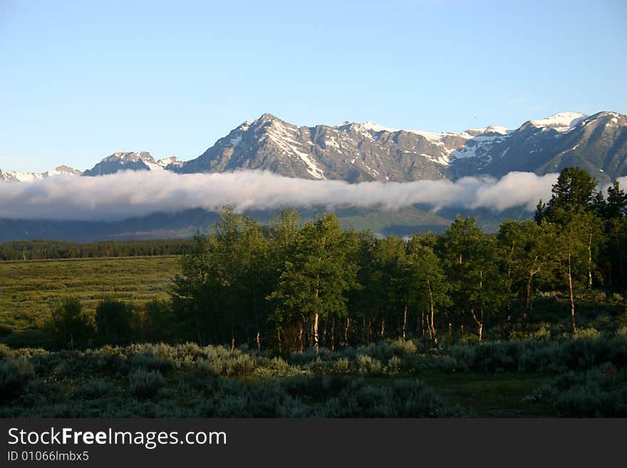 A panaromic view of the Grand Teton Mountains in Grand Teton National Park. A panaromic view of the Grand Teton Mountains in Grand Teton National Park.