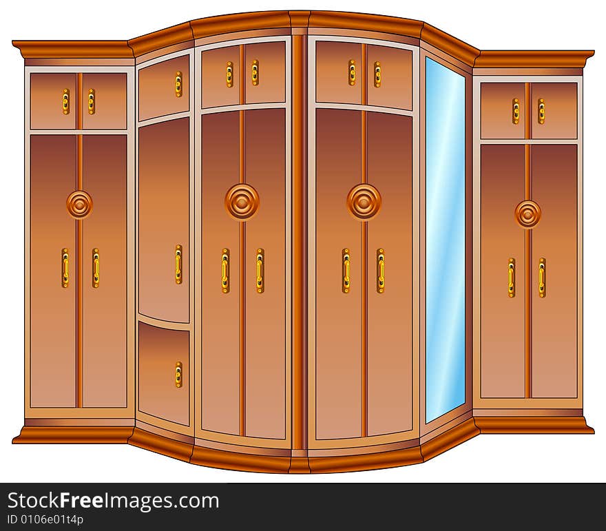 Modern large wooden wardrobe with mirror and carved handles, illustration