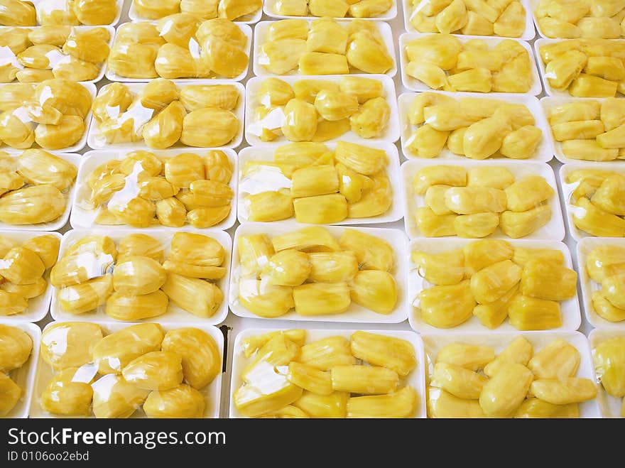 Ready-to-eat jackfuit for sale in a market in Singapore. Ready-to-eat jackfuit for sale in a market in Singapore