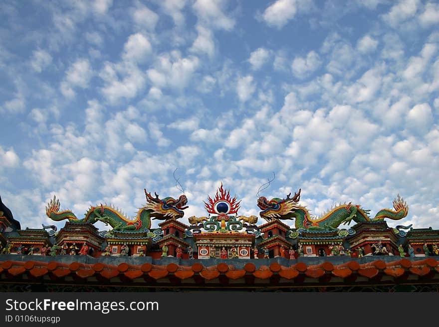 Roof of Chinese temple with dragons against the sky.