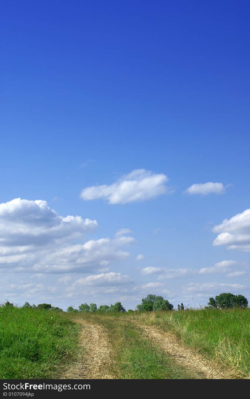 Green field and blue sky landscape with road. Green field and blue sky landscape with road