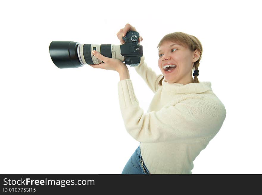 Woman photographer with photo camera on white background