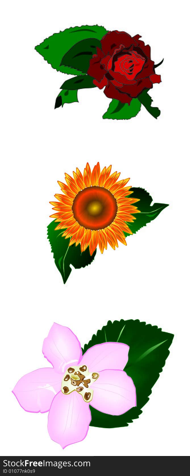 Rose, sunflower and lirium in a colorfull 3D illustration. Rose, sunflower and lirium in a colorfull 3D illustration