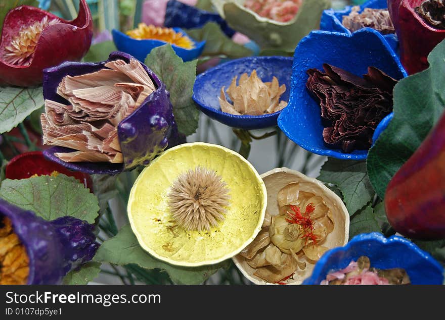 Dried weeds in pods made out of gourds. Dried weeds in pods made out of gourds.