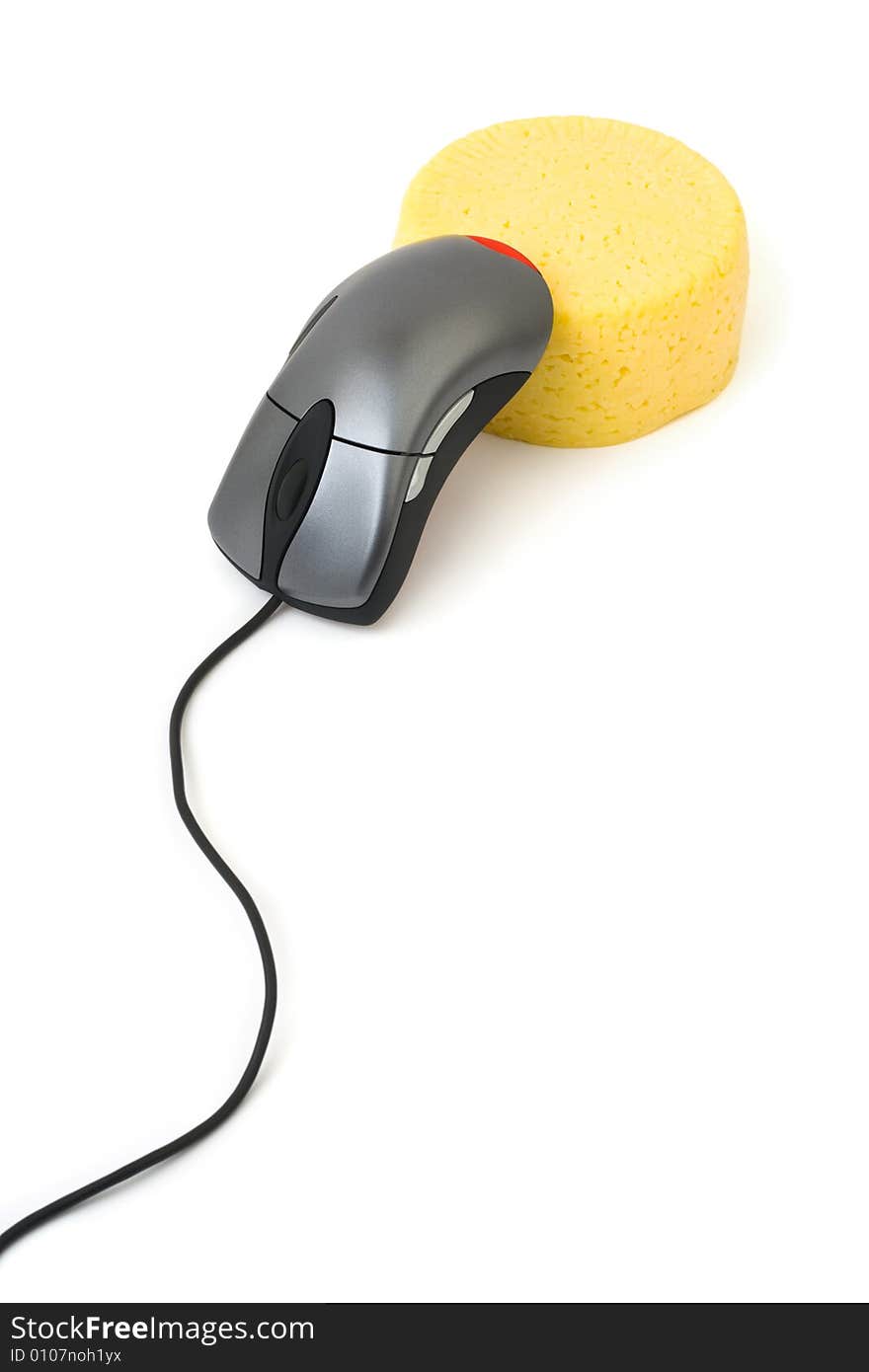 Computer mouse and cheese isolated on white background