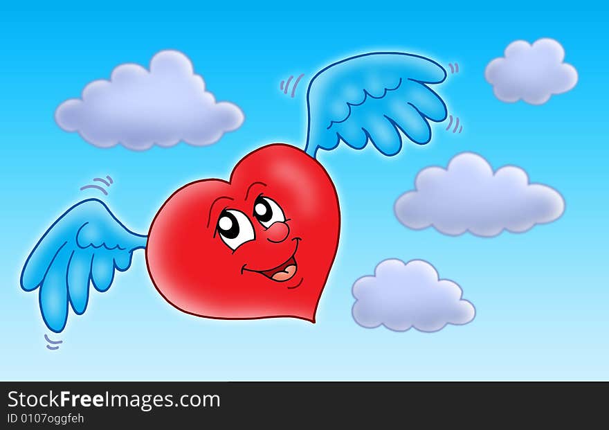 Flying heart on blue sky - color illustration.