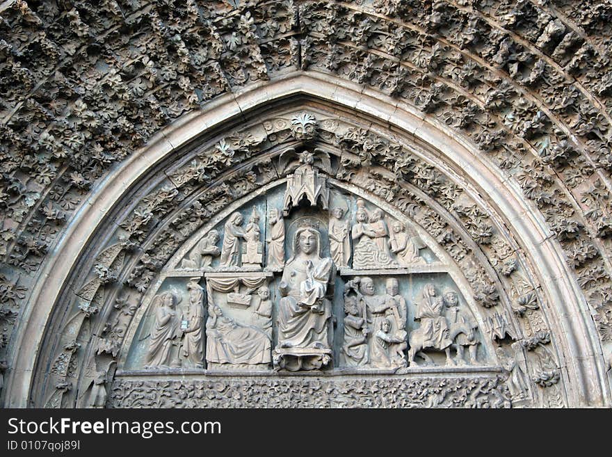 Decorated portal on a church in Olite in Navarra, Spain