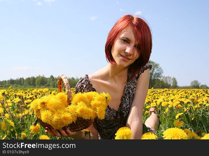 Beautiful redhead girl with basket of dandelions. Beautiful redhead girl with basket of dandelions