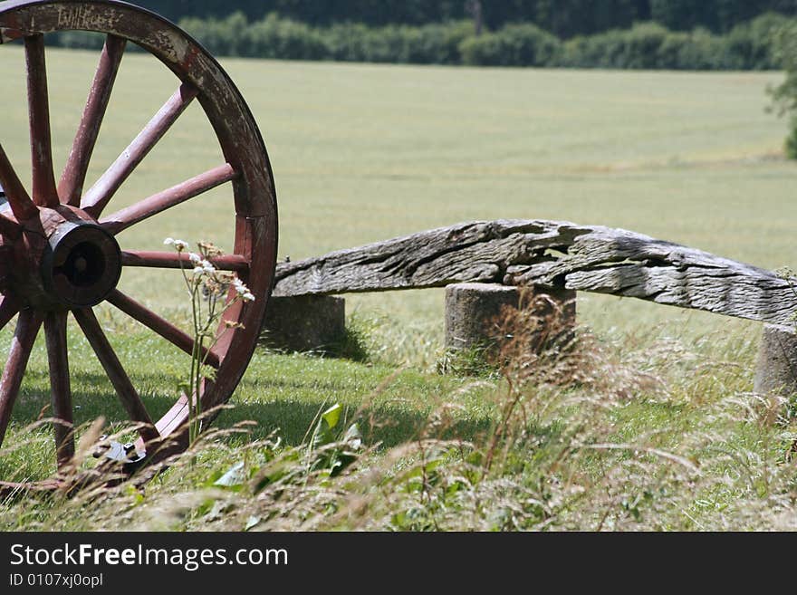 Wooden wheel and bench