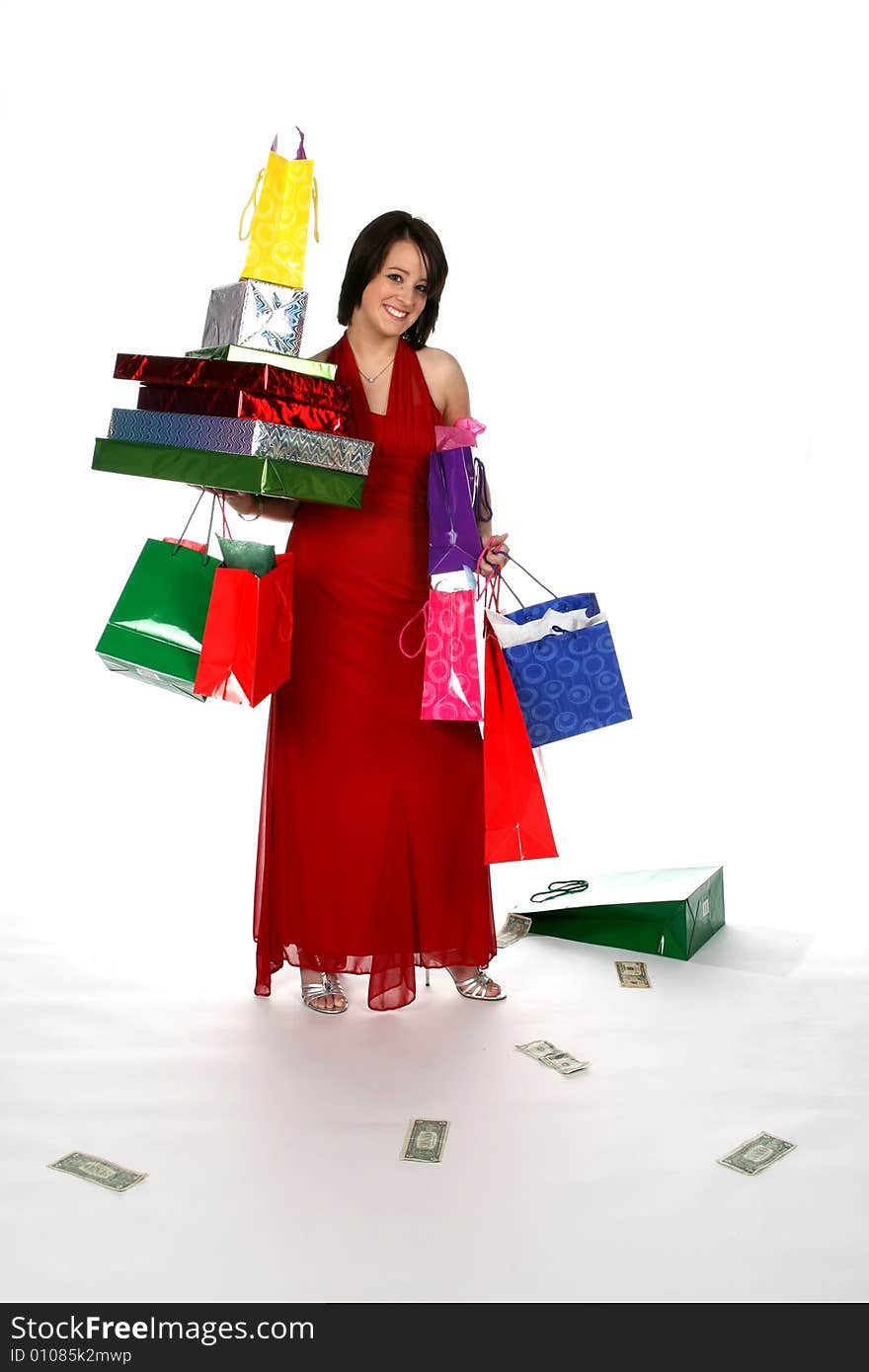 Teen with shopping bags and scattered money. Teen with shopping bags and scattered money