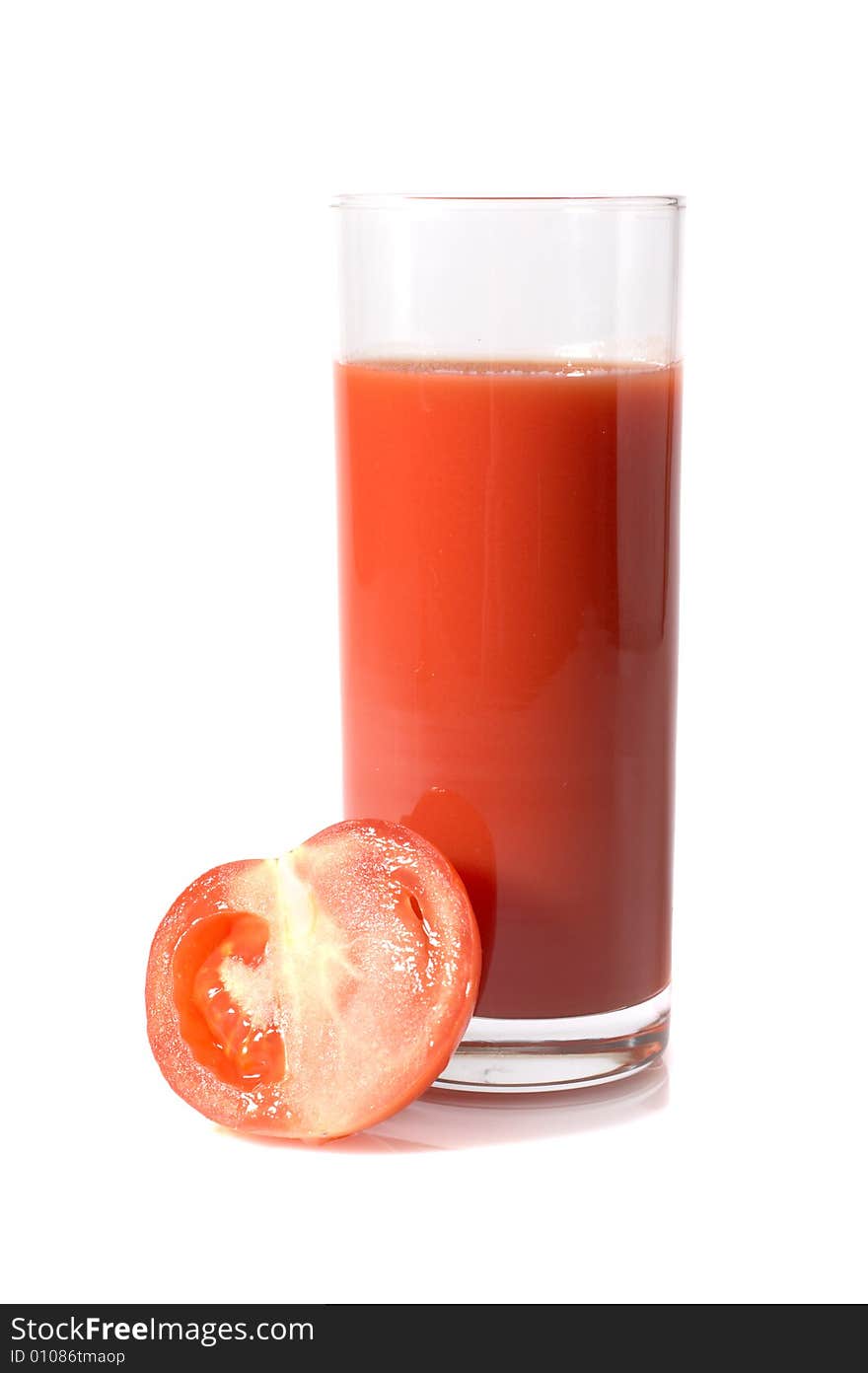 Tomatoes and juice on a white background